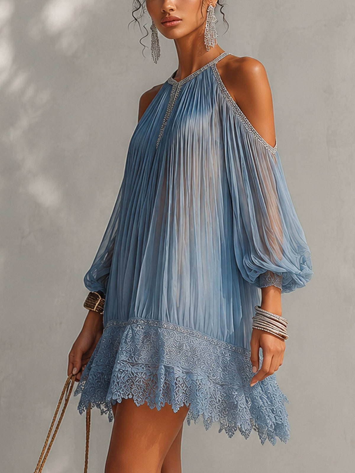 Soffia - Vestido Mini Arrugado Azul con Hombros al Descubierto y Cierre de Encaje para Mujer