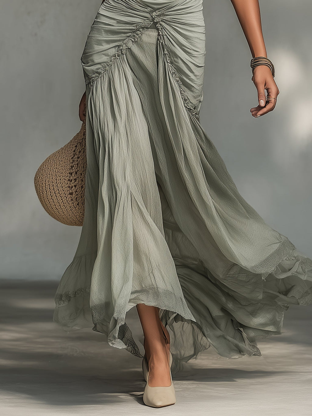 Clara - Vestido Maxi de Tela Stretch Gris y Chiffon para Mujer