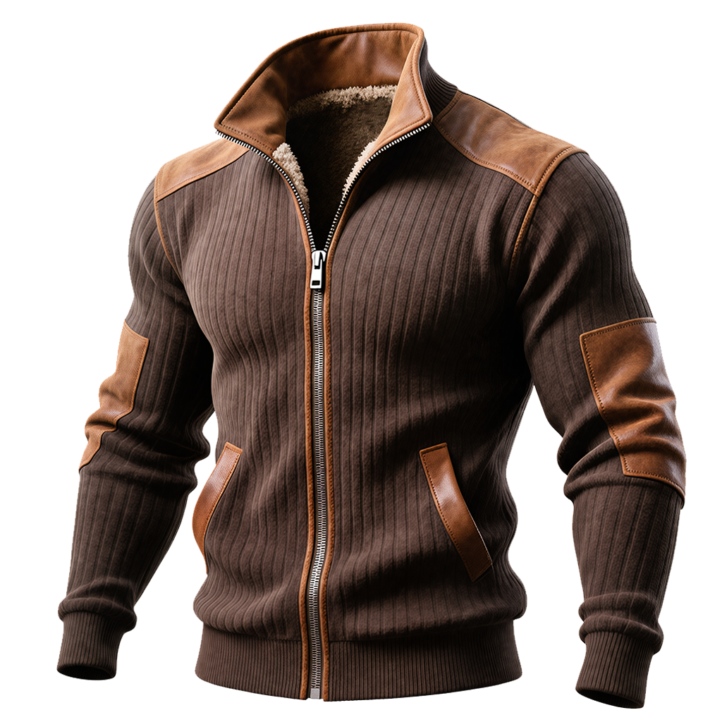 Santiago™ | Chaqueta Marrón de Canalé con Cremallera y Acentos de Piel