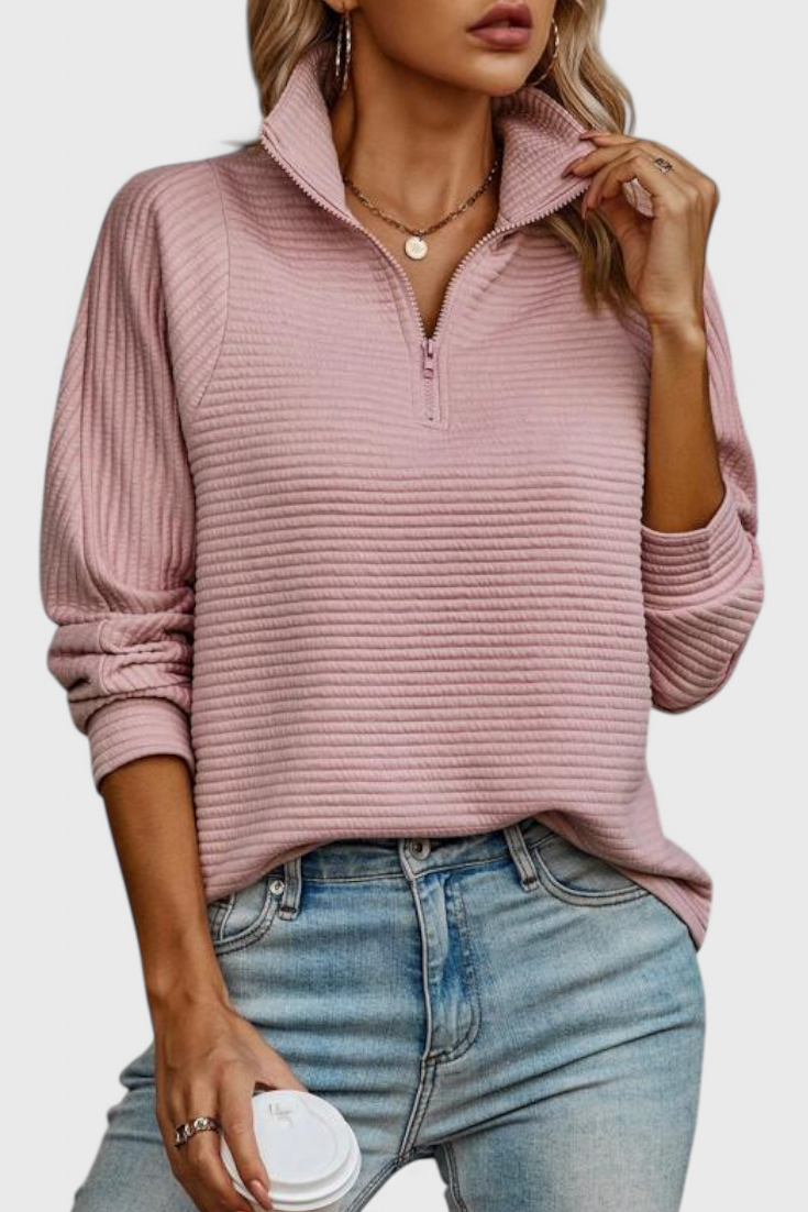 Helene Jersey de Cuello en V con Cremallera y Manga Larga