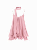 Brisa - Minivestido con escote en V, cuello halter, volantes y pañuelo para Mujer