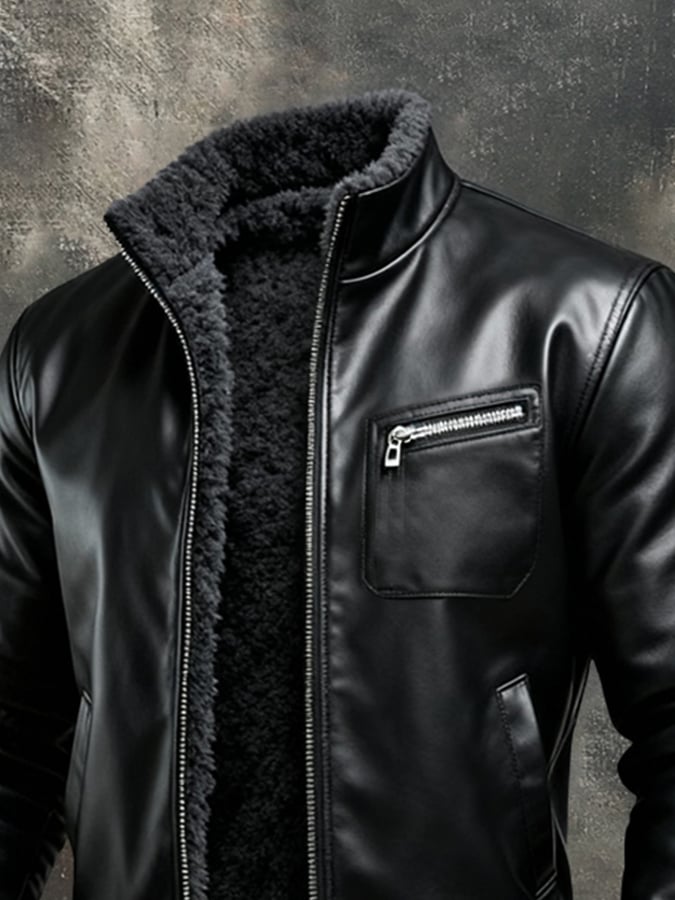 CHAQUETA DE CUERO SINTÉTICO NEGRA CÁLIDA CON FORRO DE SHERPA