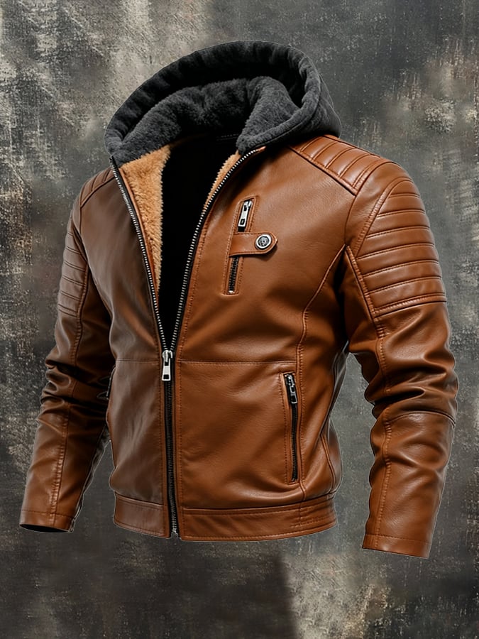 CHAQUETA DE PIEL SINTÉTICA USADA CON CAPUCHA DELANTERA