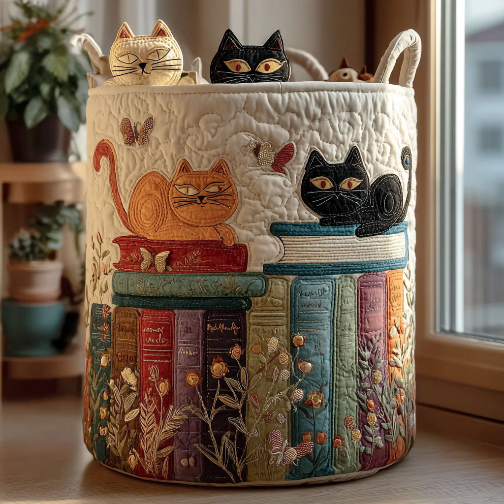 Gato y Libros | Cesta de Almacenamiento Acolchada