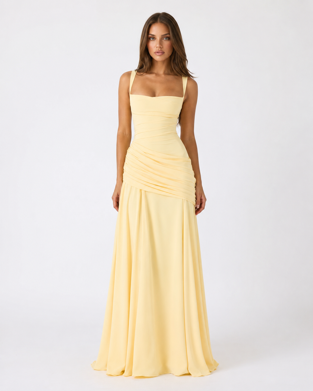 ENIE | Vestido maxi con escote cuadrado fruncido para Mujer