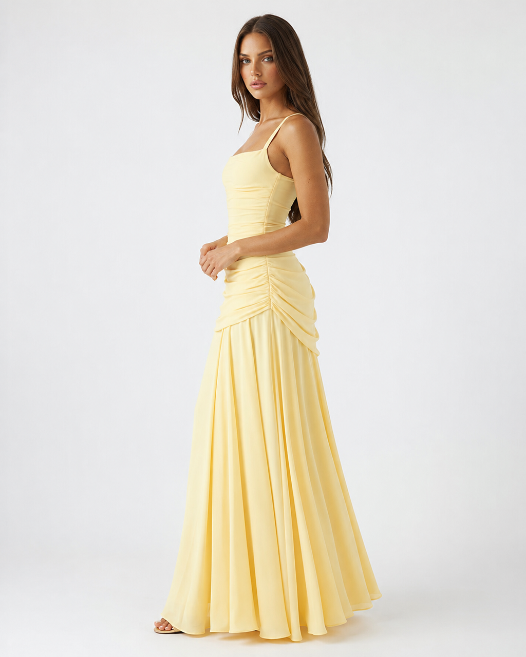 ENIE | Vestido maxi con escote cuadrado fruncido para Mujer
