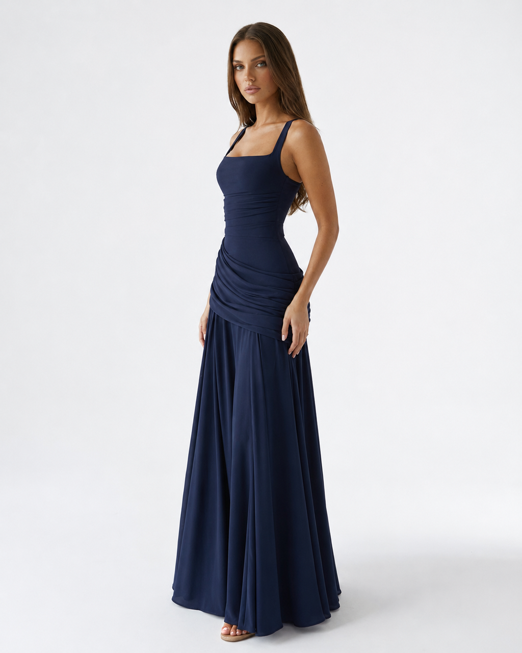 ENIE | Vestido maxi con escote cuadrado fruncido para Mujer