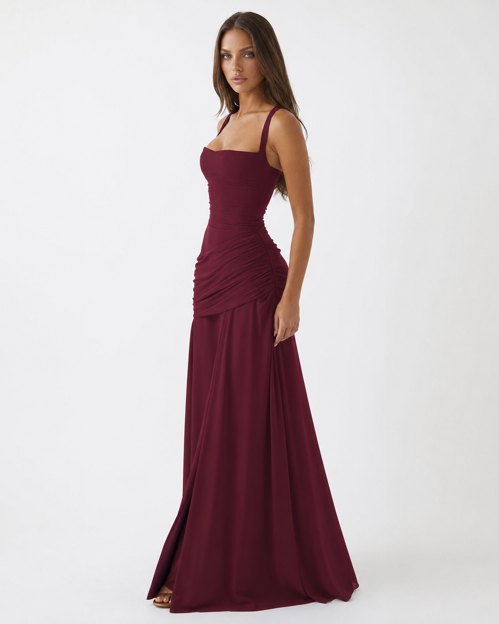 ENIE | Vestido maxi con escote cuadrado fruncido para Mujer