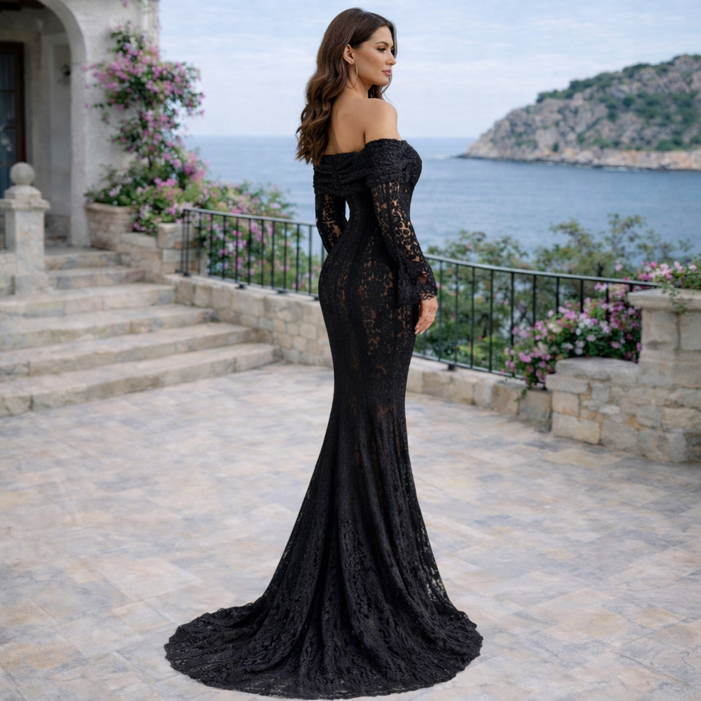 Alessandra | Vestido largo de encaje negro con escote off-shoulder y godet amplio