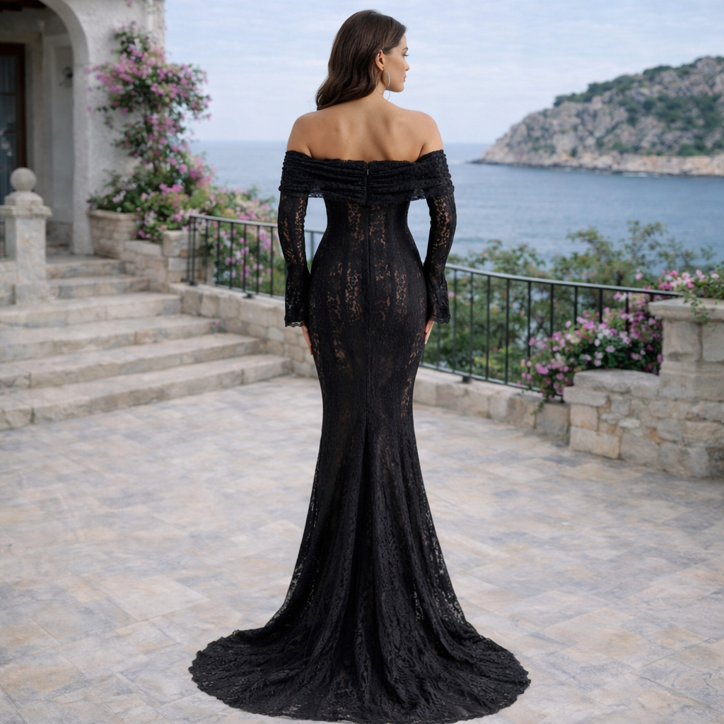 Alessandra | Vestido largo de encaje negro con escote off-shoulder y godet amplio