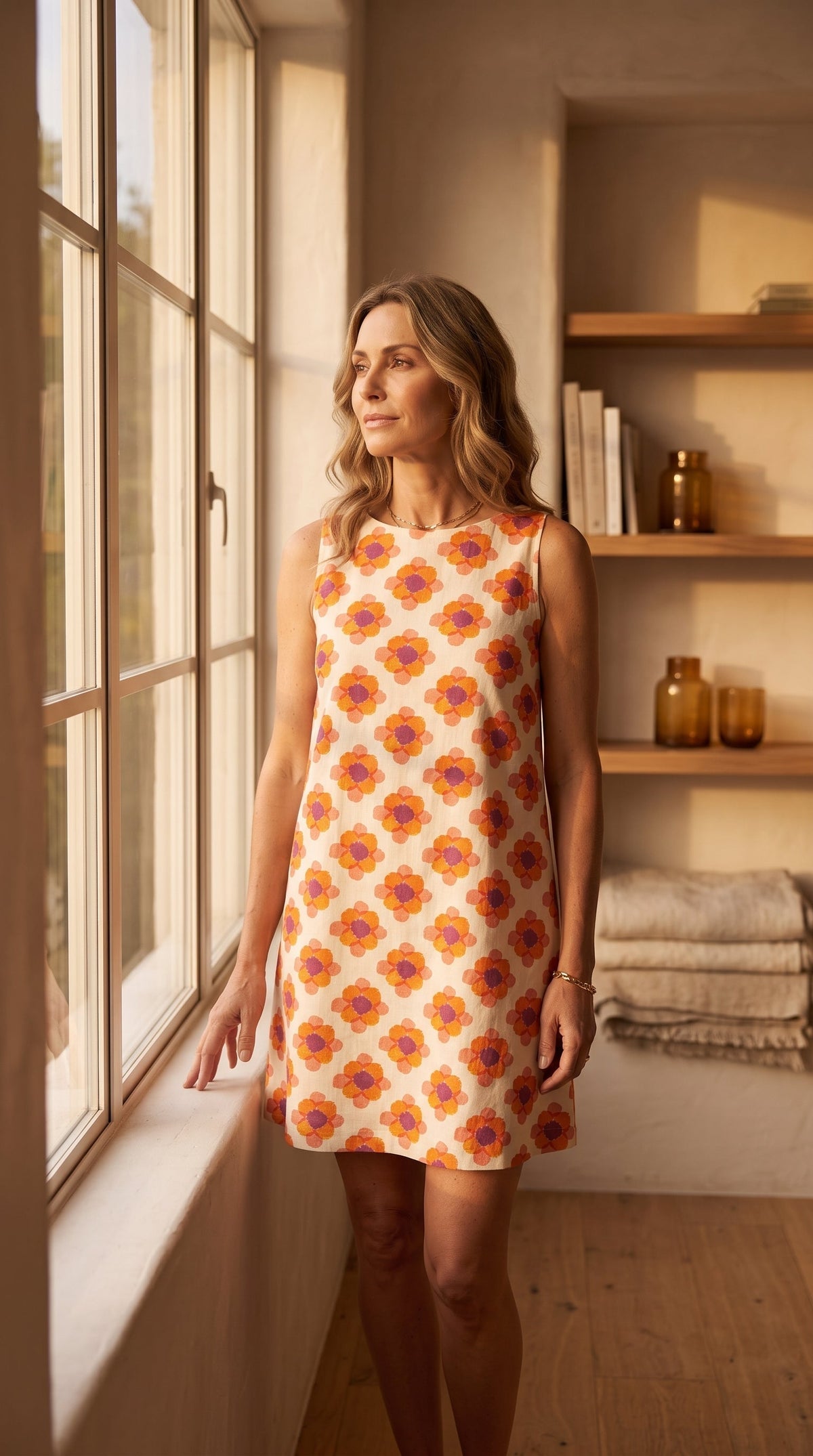 Marguerite — Vestido trapezoidal corto, estampado floral retro para Mujer