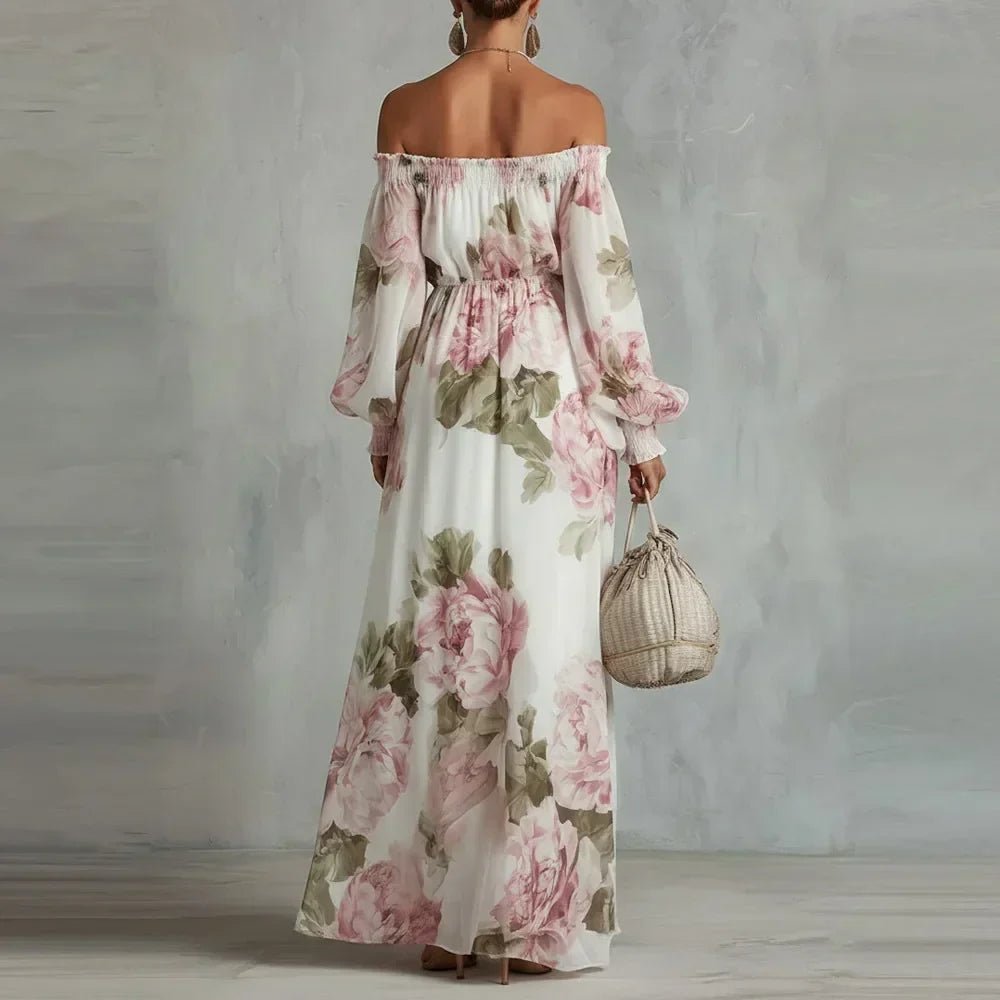 Pivoine | Vestido Maxi Floral con Hombros Descubiertos, Mangas Largas para Mujer