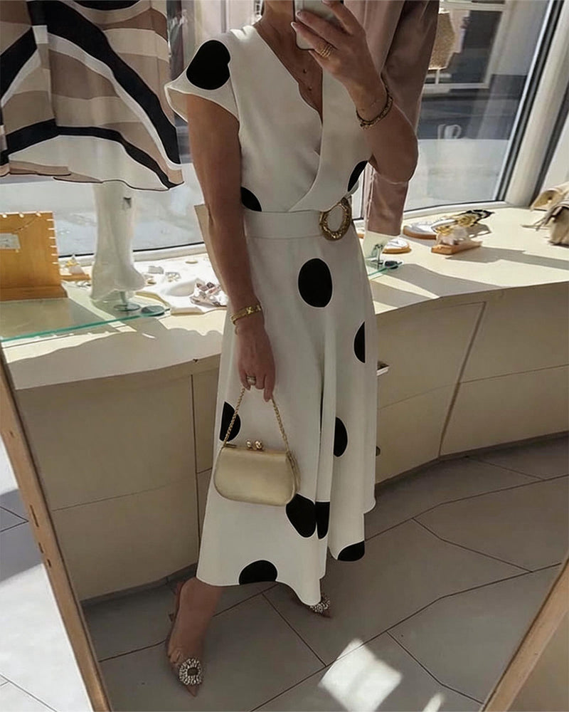 Lorena - Vestido midi para mujer con lunares y escote en V