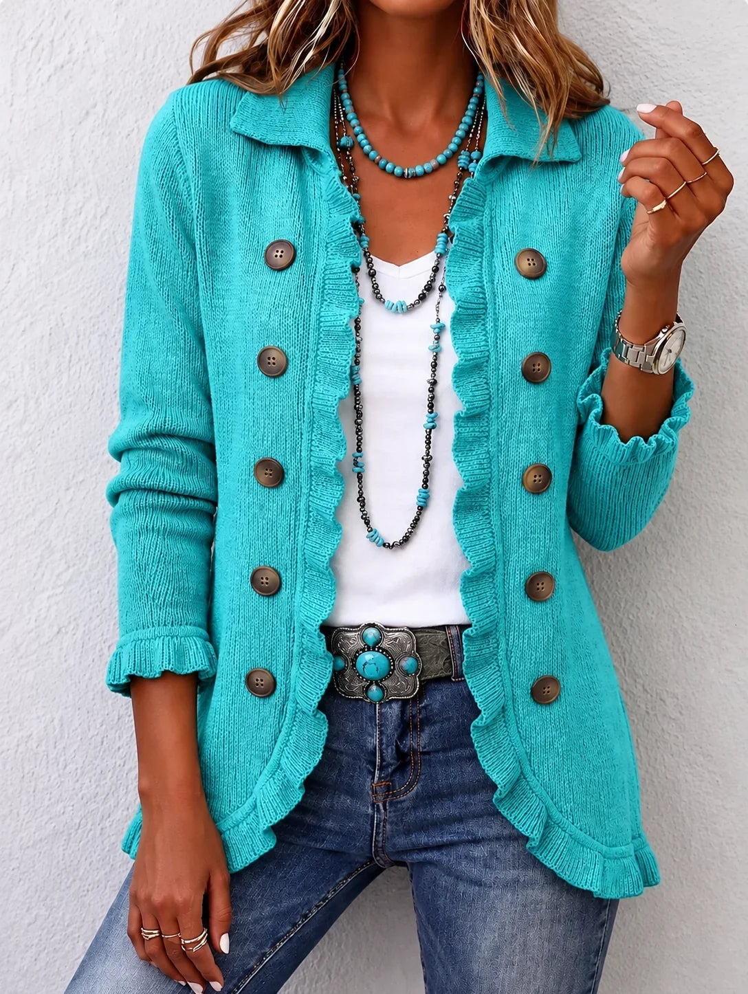 Paulina | Chaqueta de punto turquesa con volantes