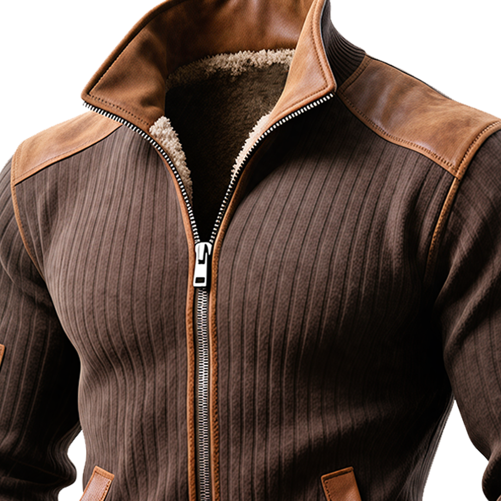Santiago™ | Chaqueta Marrón de Canalé con Cremallera y Acentos de Piel