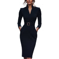 Marina | Vestido negro refinado con cinturón y cuello mandarín