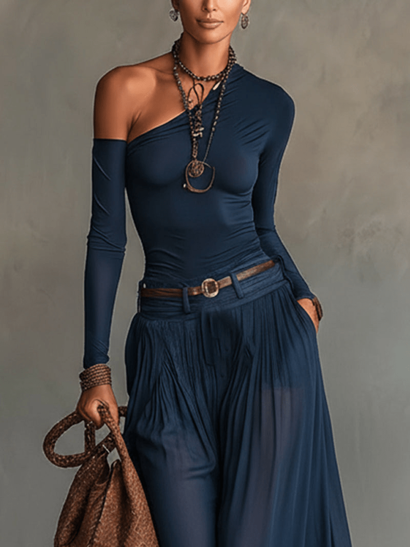 Completo Due Pezzi Top Monospalla Blu Navy e Gonna in Tulle Trasparente (con Cintura)