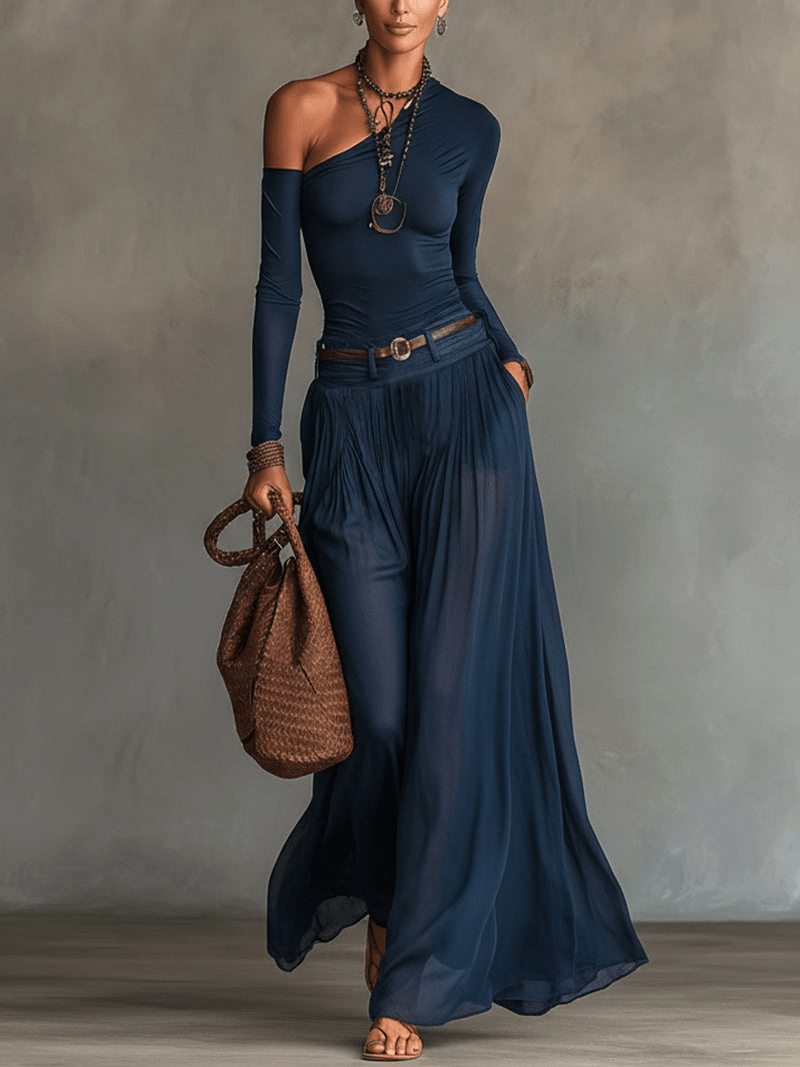 Completo Due Pezzi Top Monospalla Blu Navy e Gonna in Tulle Trasparente (con Cintura)