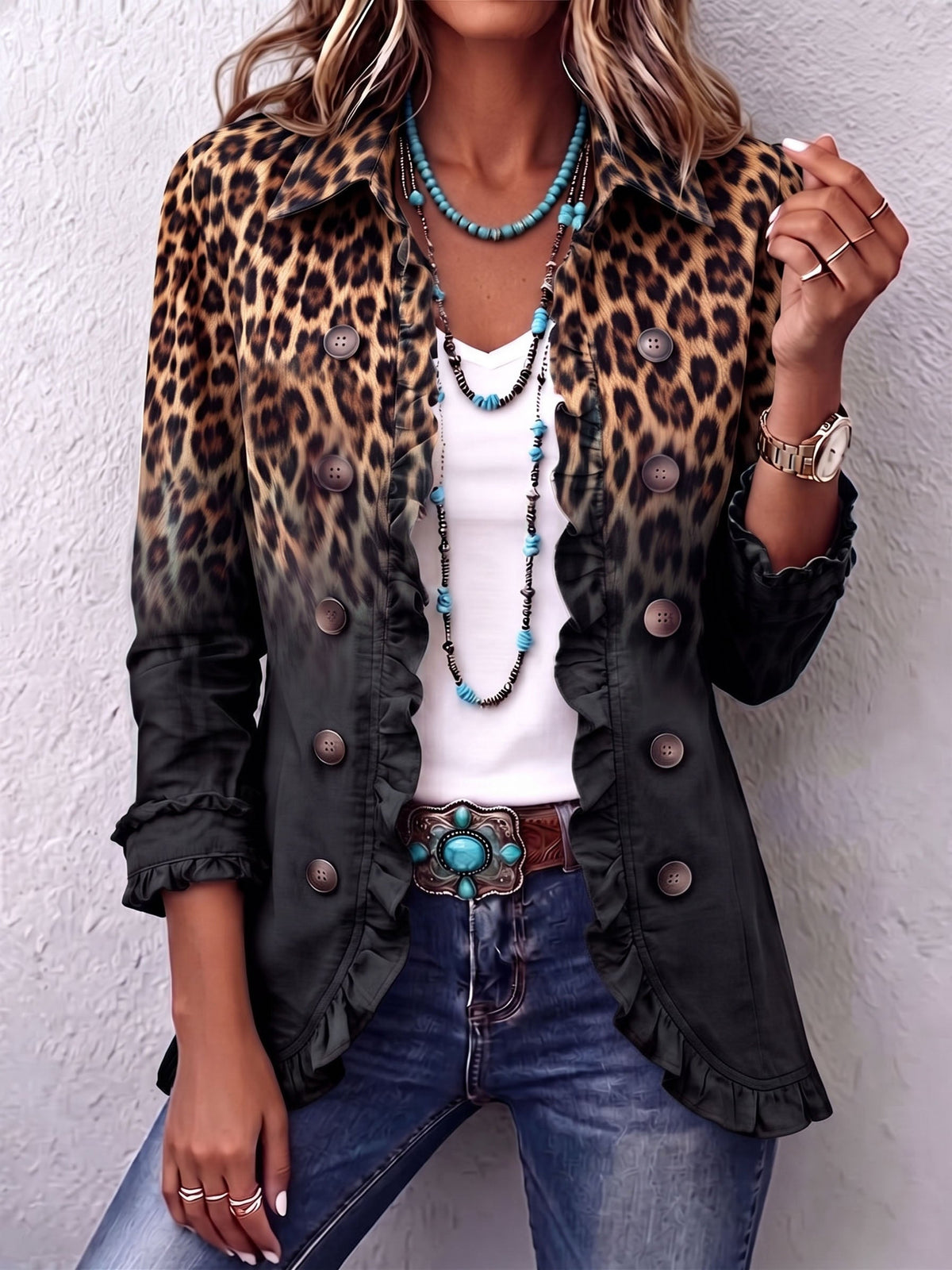 Águeda | Chaqueta blazer leopardo negro con volantes