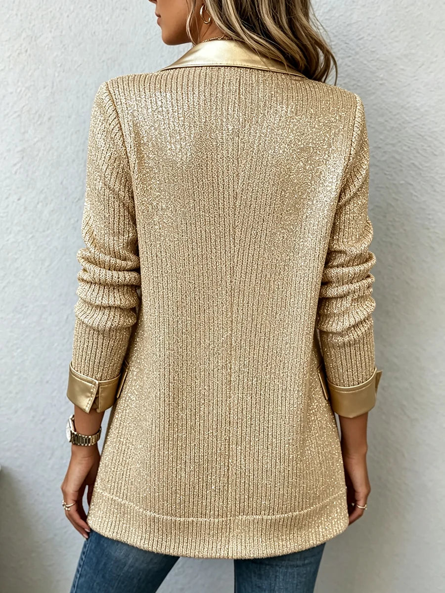 Aurora | Blazer de punto dorado con ribetes de polipiel