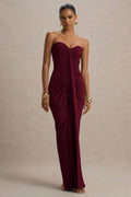 Graciela™ | Vestido Largo Burdeos con Escote Corazón, Drapeado y Lazo