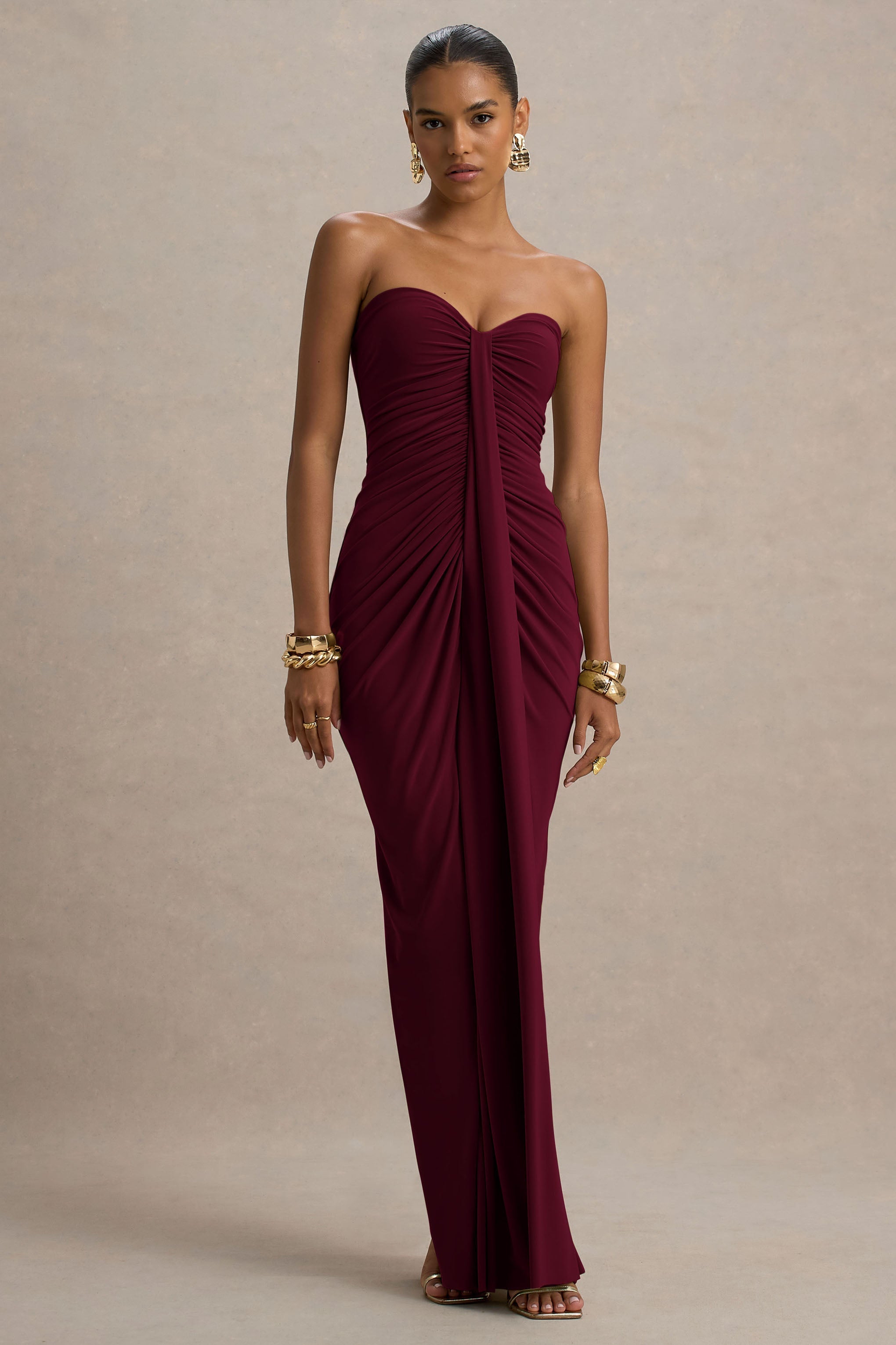 Graciela™ | Vestido Largo Burdeos con Escote Corazón, Drapeado y Lazo