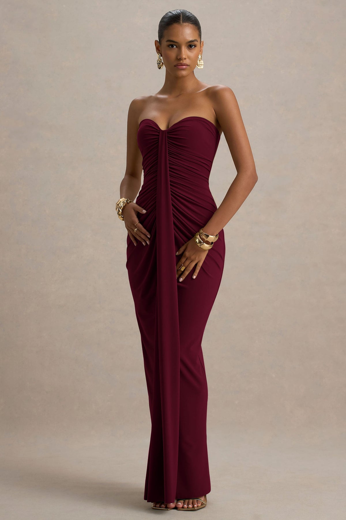 Graciela™ | Vestido Largo Burdeos con Escote Corazón, Drapeado y Lazo