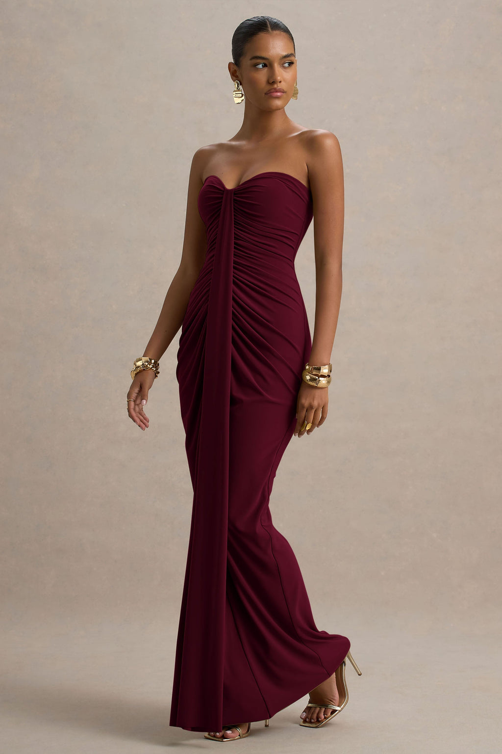 Graciela™ | Vestido Largo Burdeos con Escote Corazón, Drapeado y Lazo