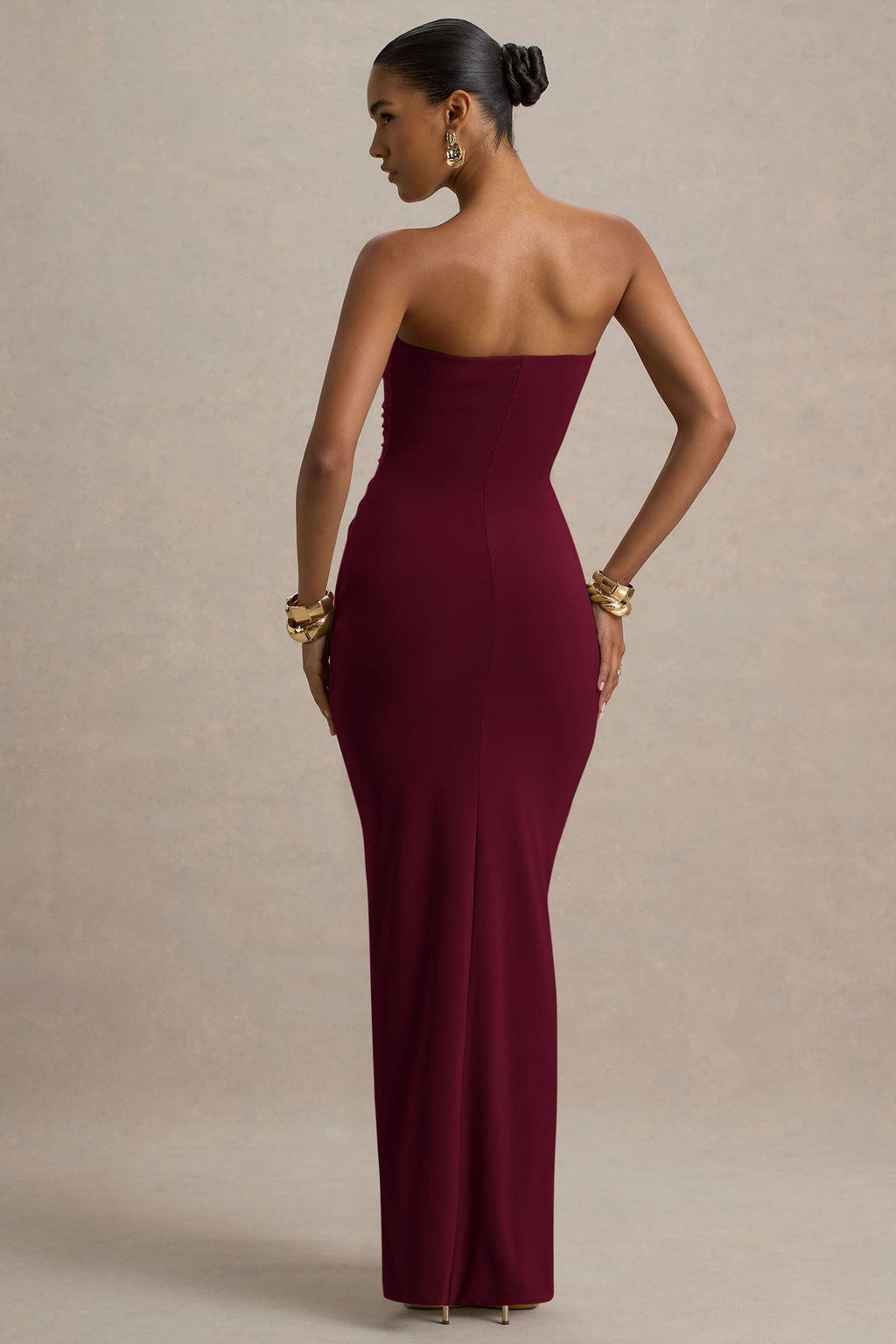 Graciela™ | Vestido Largo Burdeos con Escote Corazón, Drapeado y Lazo