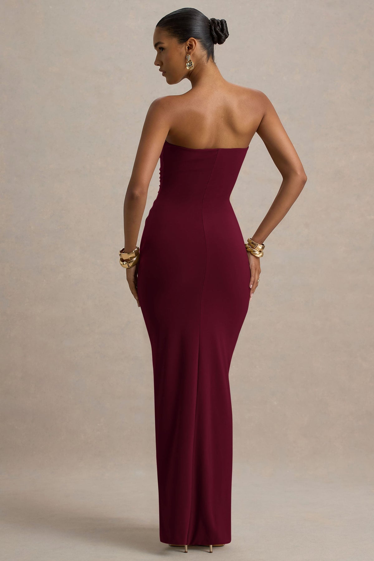 Graciela™ | Vestido Largo Burdeos con Escote Corazón, Drapeado y Lazo