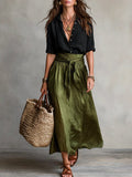 Completo Due Pezzi Maglietta Nera e Gonna Midi Verde Oliva