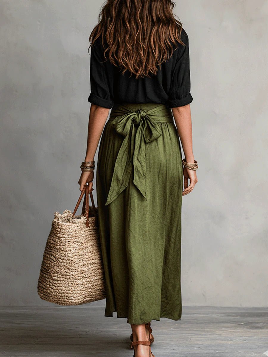 Completo Due Pezzi Maglietta Nera e Gonna Midi Verde Oliva